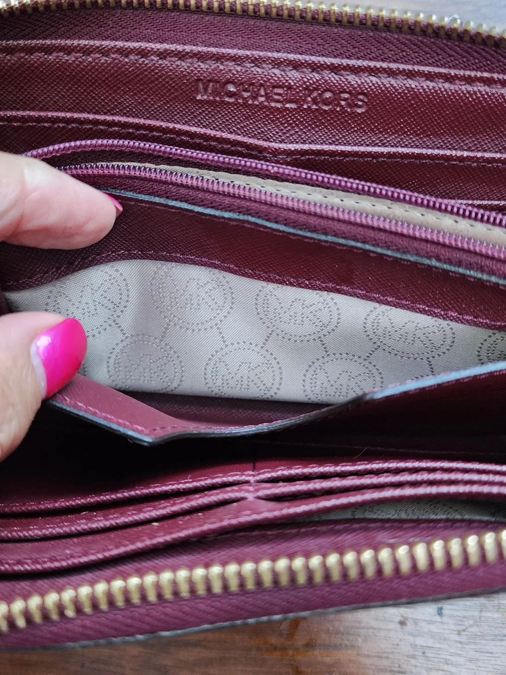 Michael Kors Burgundy Saffiano Leather Zip Around Wristlet Wallet